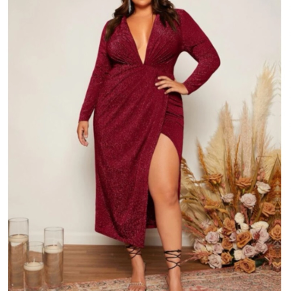 Luxe plus plunging V neck party bridesmaids wedding prom evening glitter dress